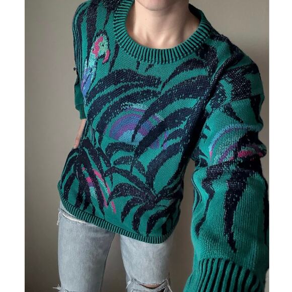 Vintage Bogner ski sweater 90s tropical palm tree toucan - Picture 1 of 9